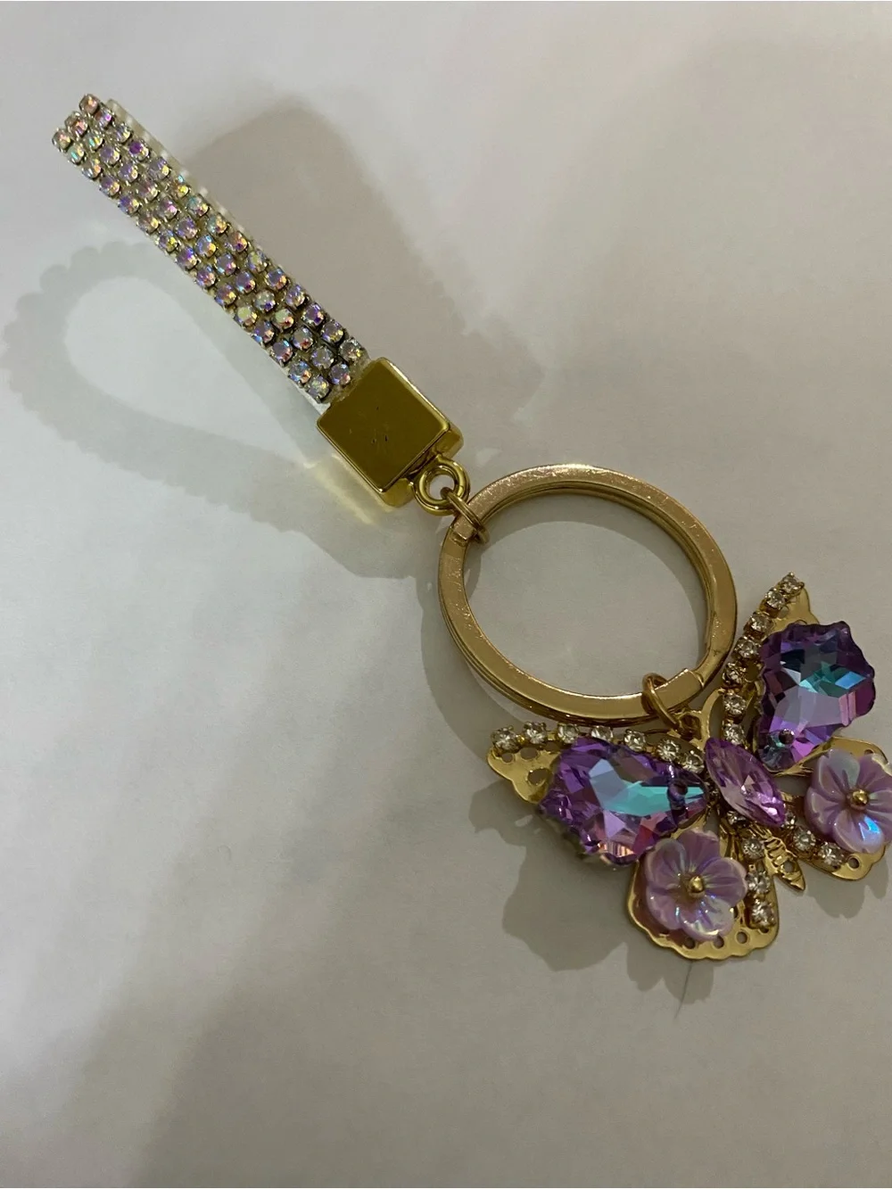 Gold-Tone Keyring Wristlet with Purple Crystal Butterfly Charm